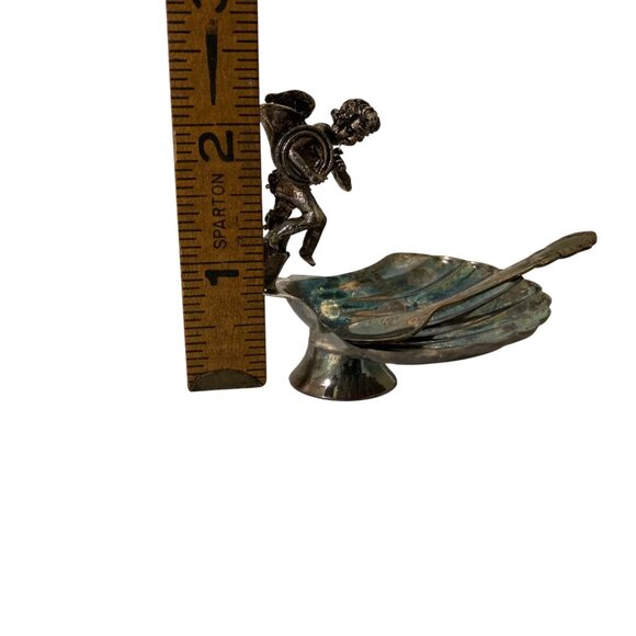 Vintage Silver Toned Cherub Scallop Shell Salt Cellar Decorative Spoon Included - Picture 10 of 10